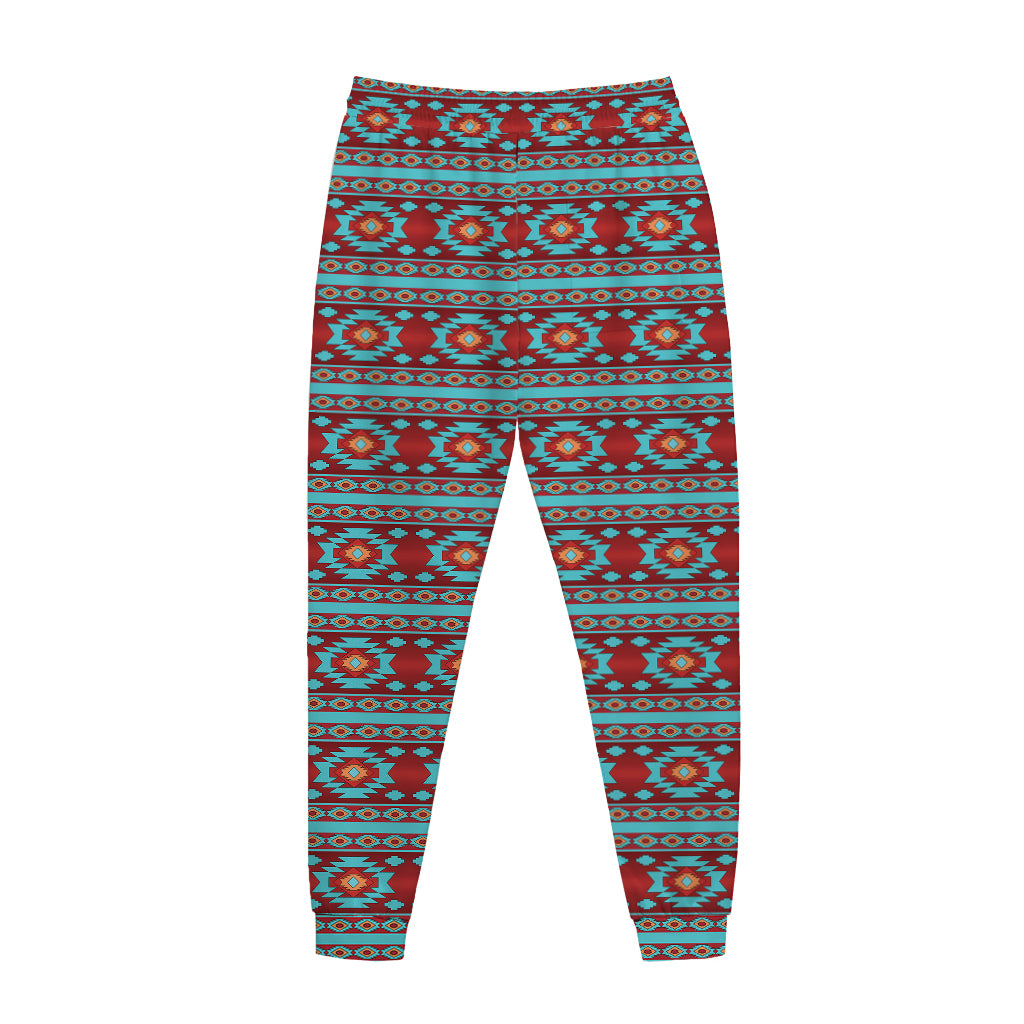 Red And Teal Southwestern Pattern Print Jogger Pants