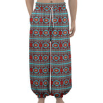 Red And Teal Southwestern Pattern Print Lantern Pants