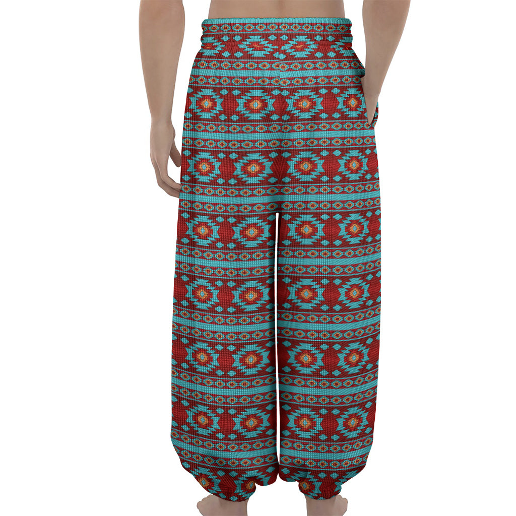 Red And Teal Southwestern Pattern Print Lantern Pants