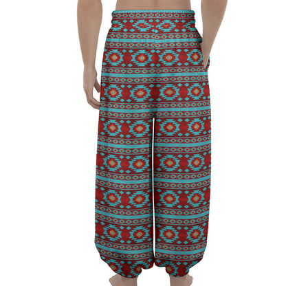 Red And Teal Southwestern Pattern Print Lantern Pants