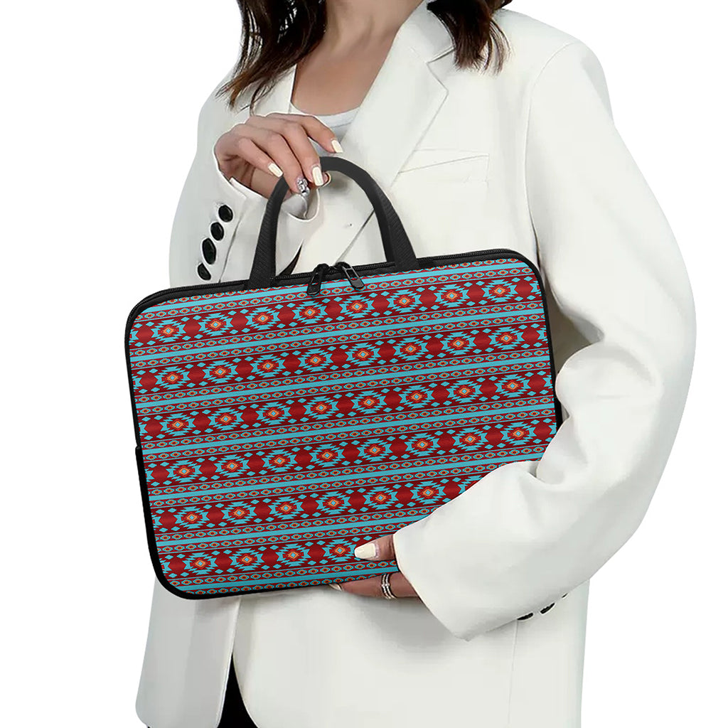 Red And Teal Southwestern Pattern Print Laptop Sleeve With Handle