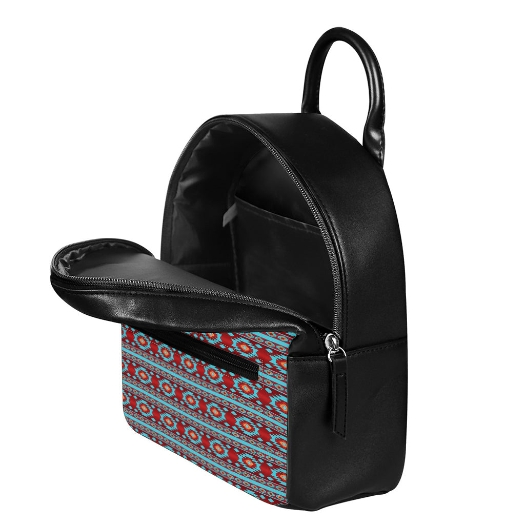 Red And Teal Southwestern Pattern Print Leather Backpack