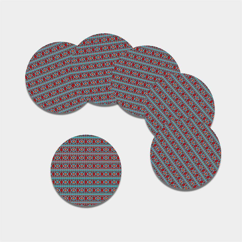 Red And Teal Southwestern Pattern Print Leather Coaster Set