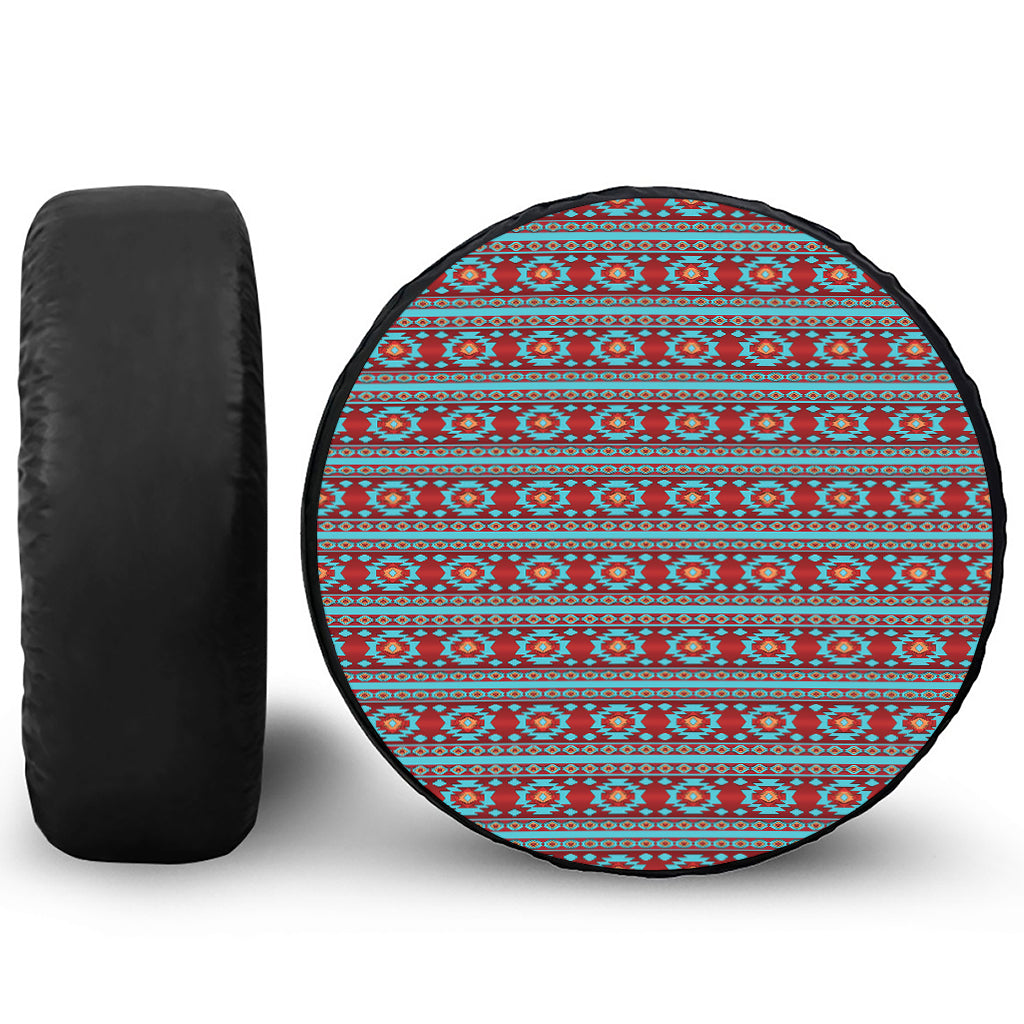 Red And Teal Southwestern Pattern Print Leather Spare Tire Cover