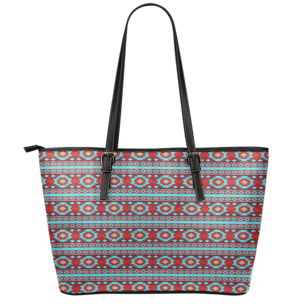 Red And Teal Southwestern Pattern Print Leather Tote Bag