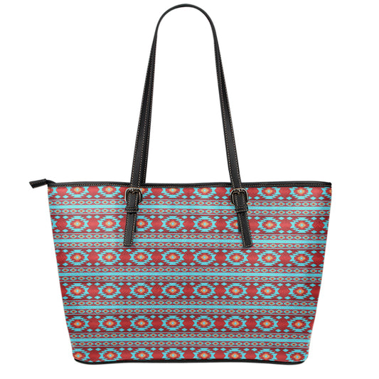 Red And Teal Southwestern Pattern Print Leather Tote Bag