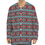 Red And Teal Southwestern Pattern Print Long Sleeve Baseball Jersey