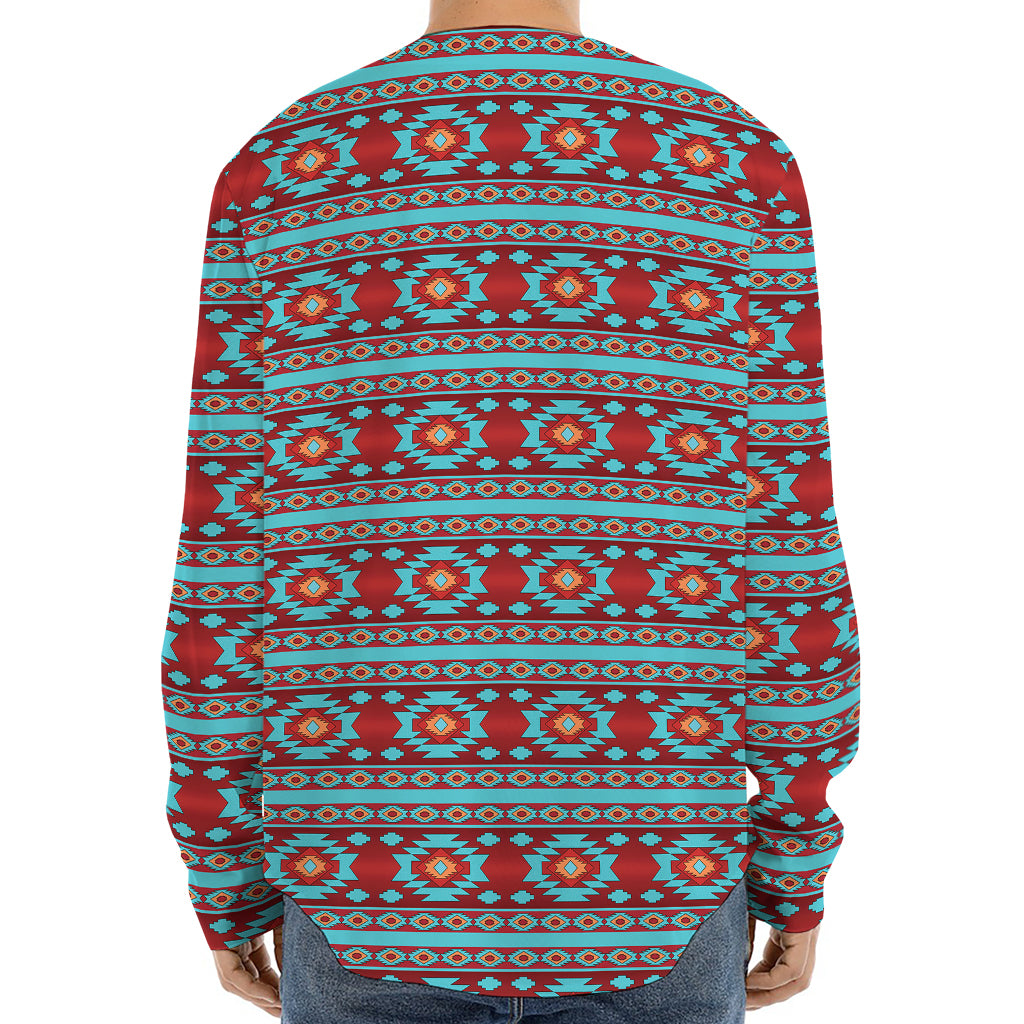Red And Teal Southwestern Pattern Print Long Sleeve Baseball Jersey