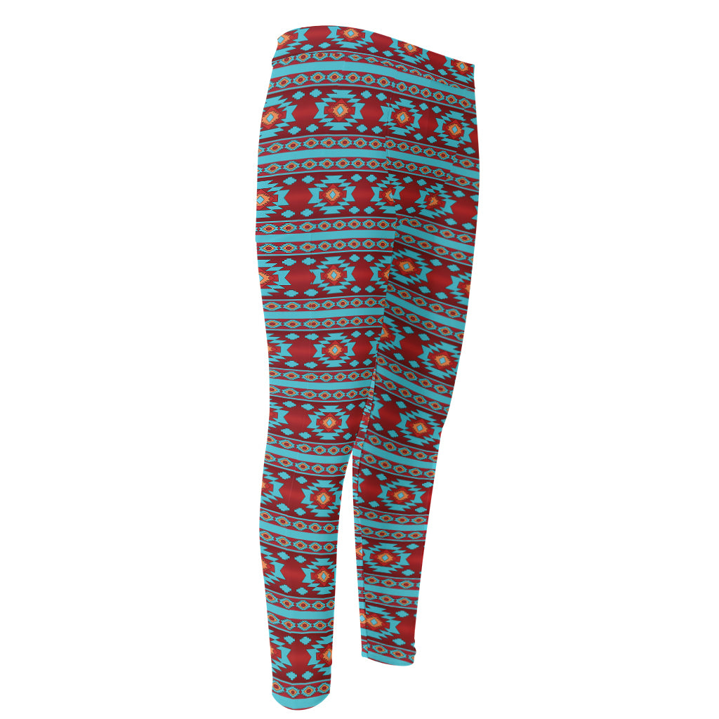 Red And Teal Southwestern Pattern Print Men's Compression Pants