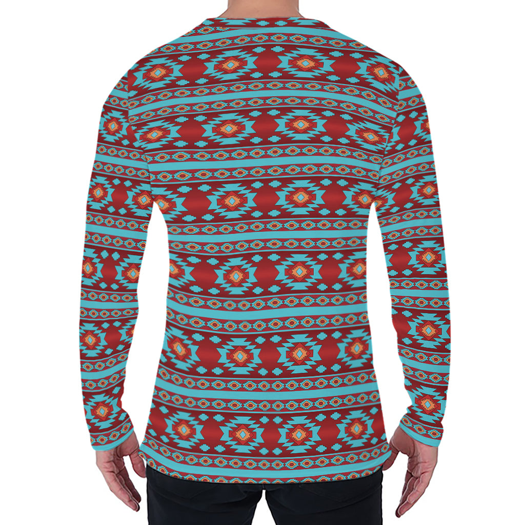 Red And Teal Southwestern Pattern Print Men's Long Sleeve T-Shirt