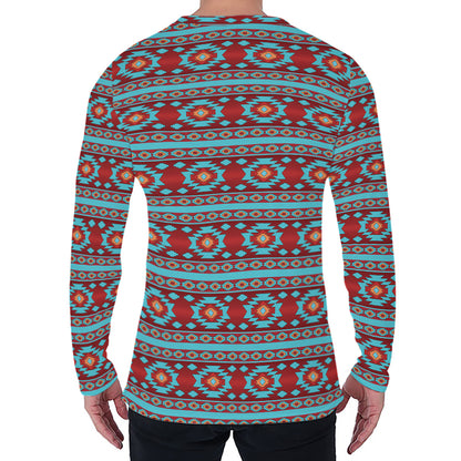 Red And Teal Southwestern Pattern Print Men's Long Sleeve T-Shirt