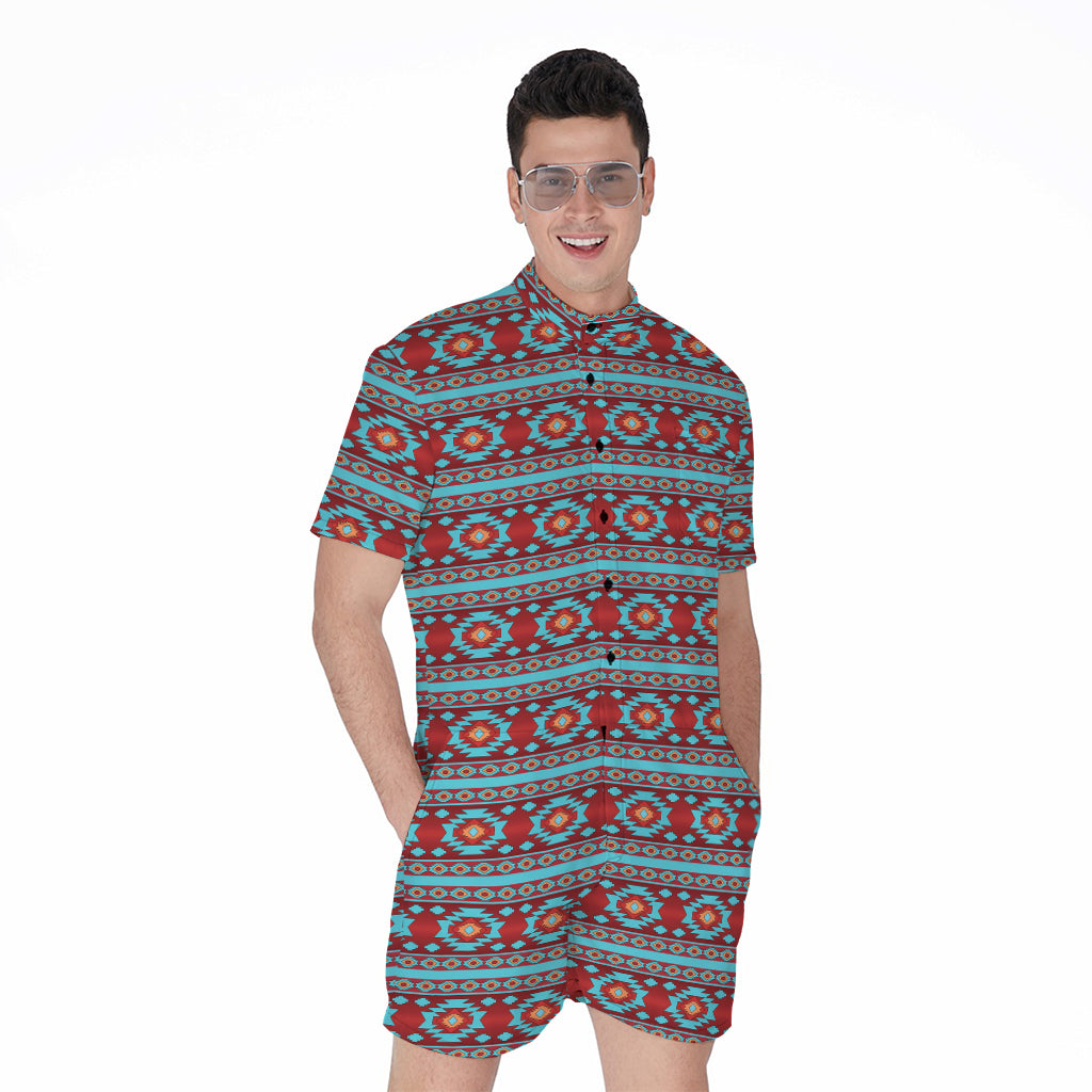 Red And Teal Southwestern Pattern Print Men's Rompers