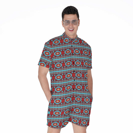 Red And Teal Southwestern Pattern Print Men's Rompers