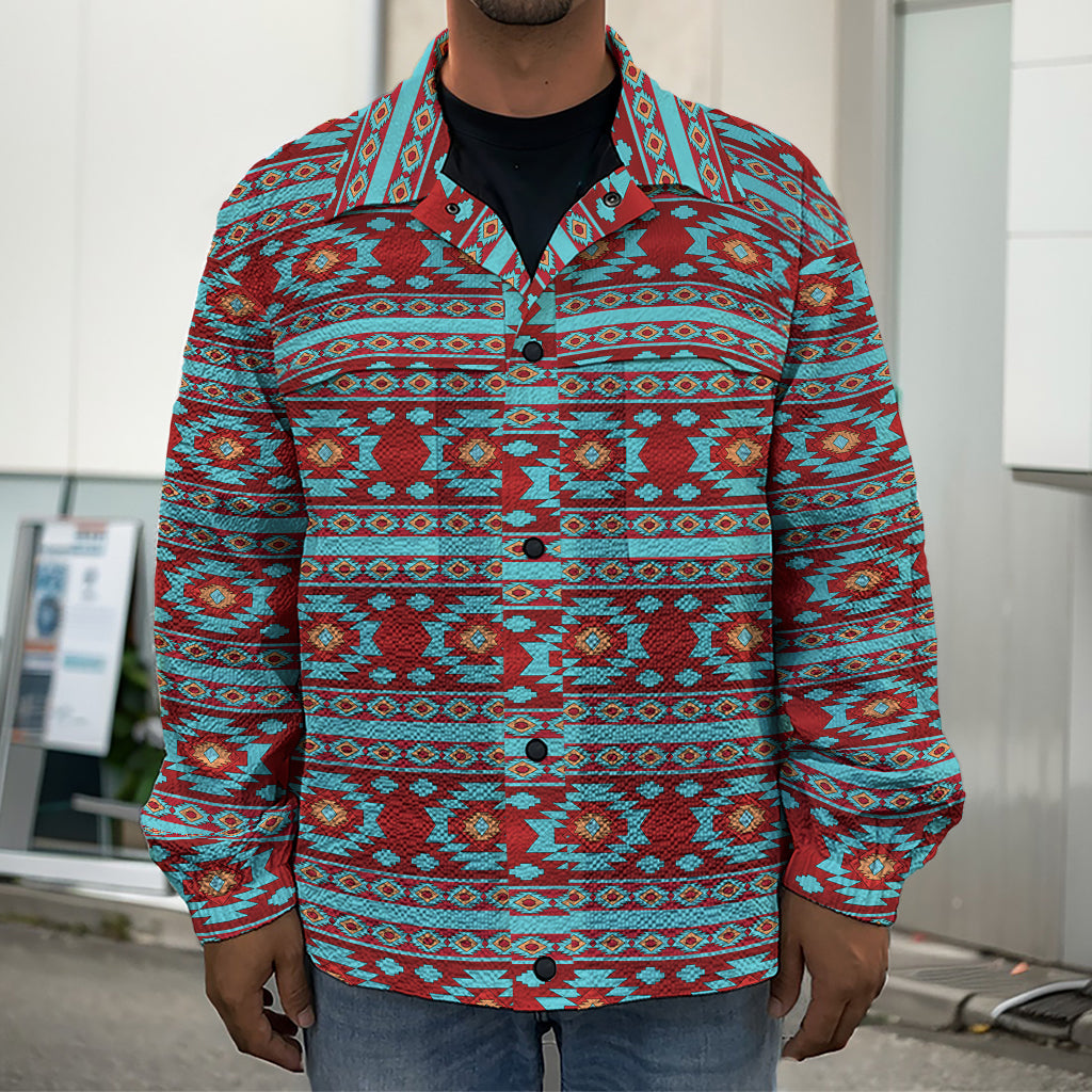 Red And Teal Southwestern Pattern Print Men's Shirt Jacket