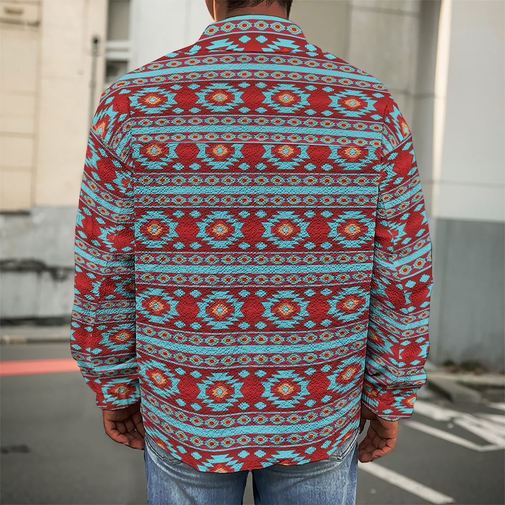 Red And Teal Southwestern Pattern Print Men's Shirt Jacket