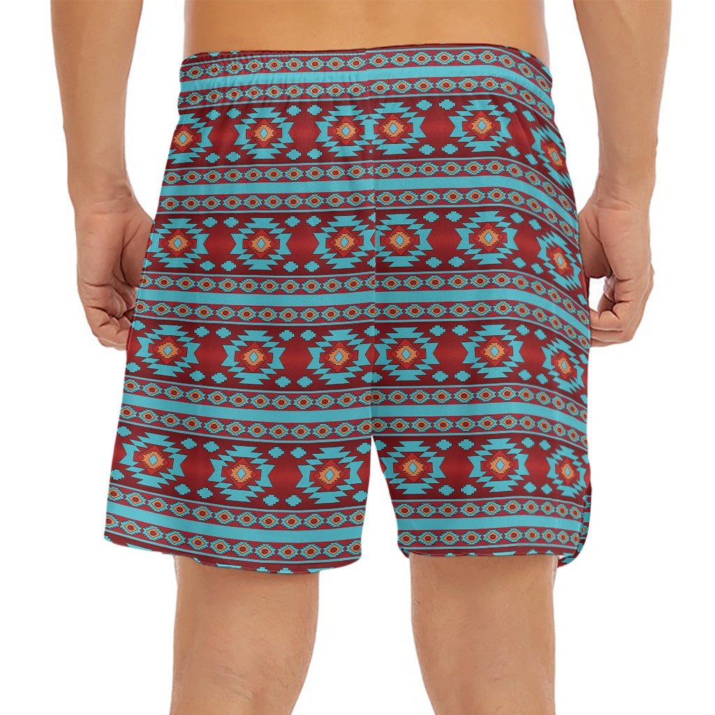 Red And Teal Southwestern Pattern Print Men's Split Running Shorts