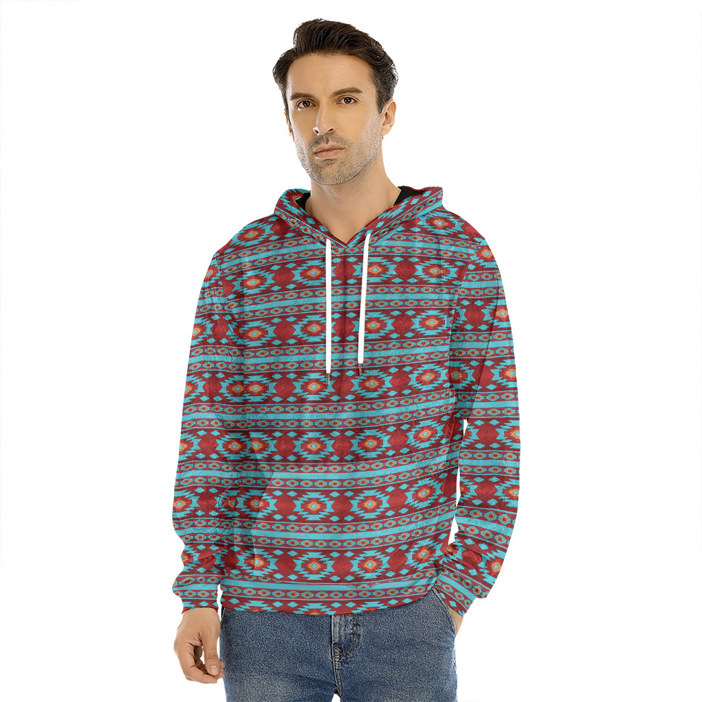 Red And Teal Southwestern Pattern Print Men's Velvet Pullover Hoodie