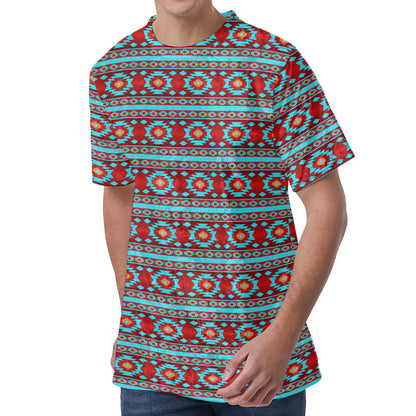 Red And Teal Southwestern Pattern Print Men's Velvet T-Shirt