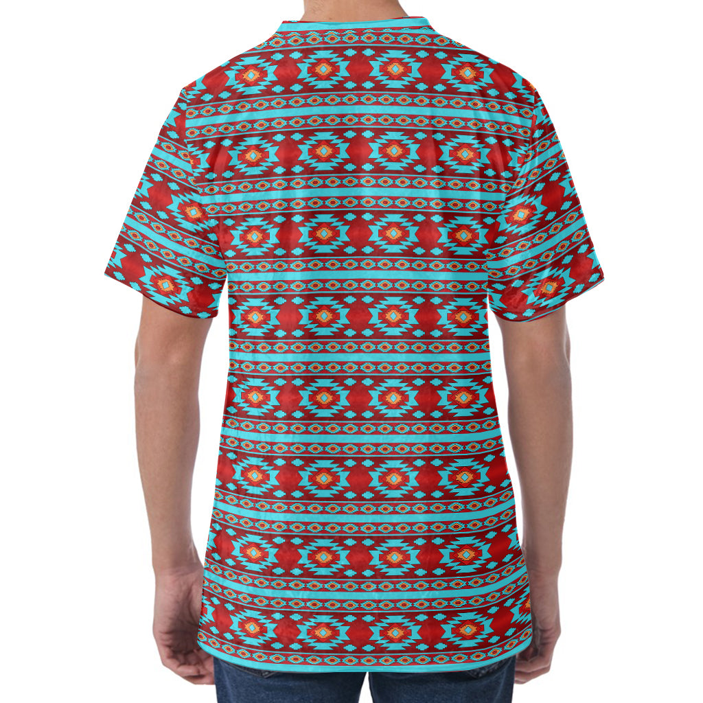 Red And Teal Southwestern Pattern Print Men's Velvet T-Shirt