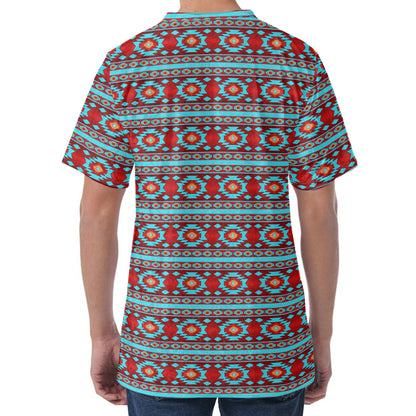 Red And Teal Southwestern Pattern Print Men's Velvet T-Shirt
