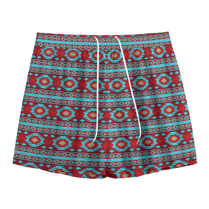 Red And Teal Southwestern Pattern Print Mesh Shorts