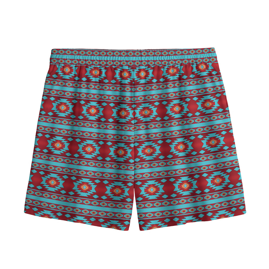 Red And Teal Southwestern Pattern Print Mesh Shorts