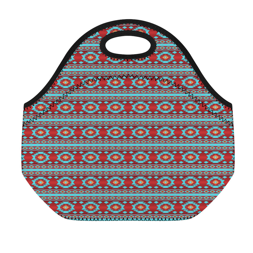 Red And Teal Southwestern Pattern Print Neoprene Lunch Bag
