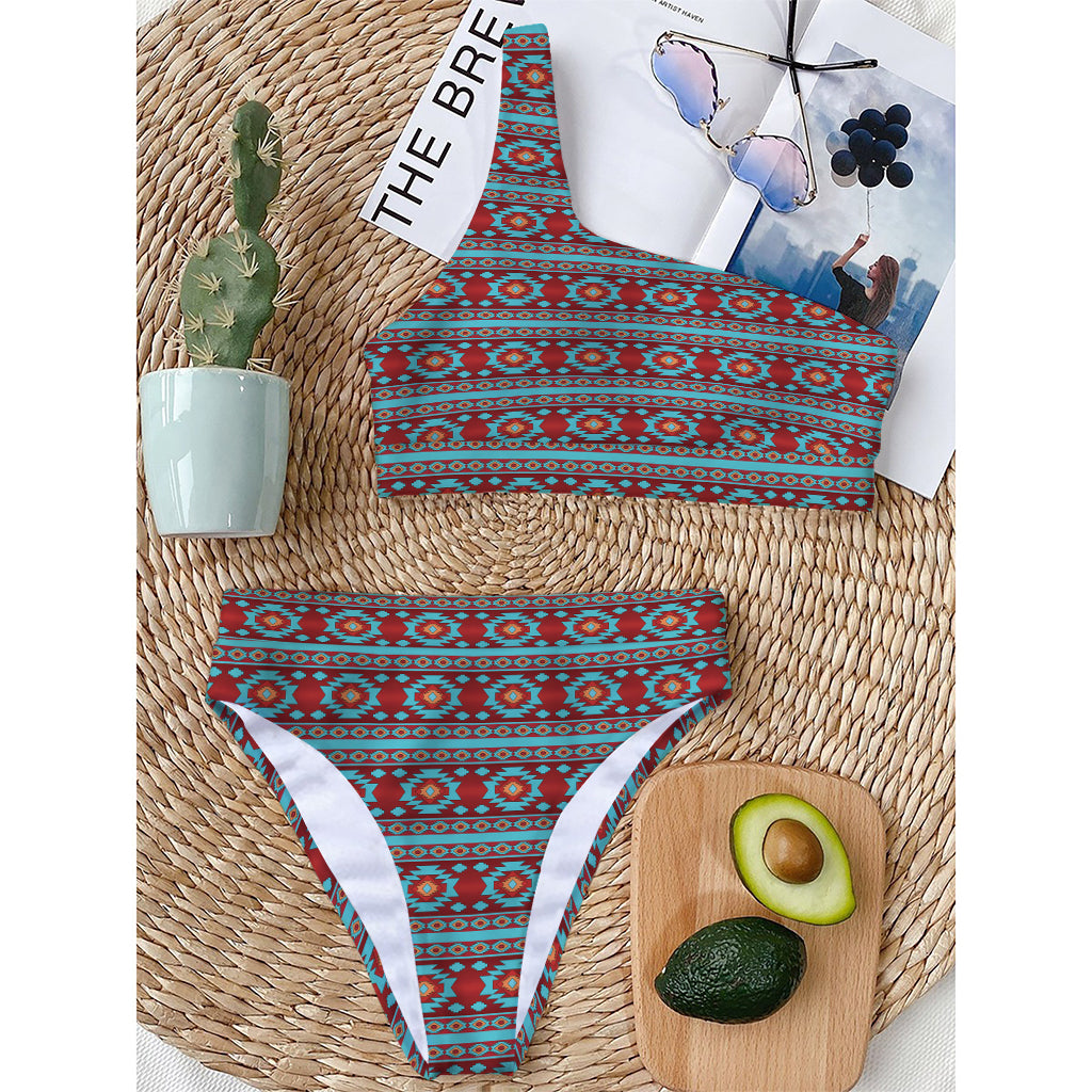 Red And Teal Southwestern Pattern Print One Shoulder Bikini Top