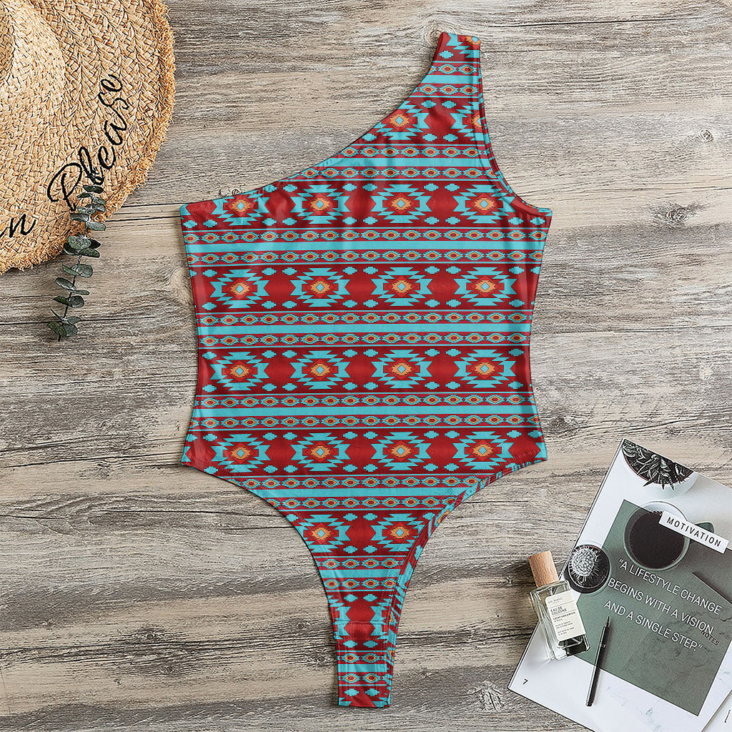 Red And Teal Southwestern Pattern Print One Shoulder Bodysuit
