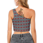 Red And Teal Southwestern Pattern Print One Shoulder Crop Top