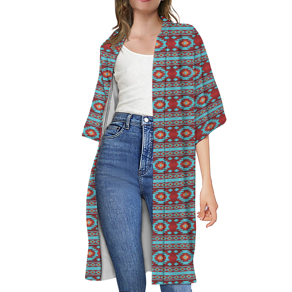 Red And Teal Southwestern Pattern Print Open Front Beach Cover Up