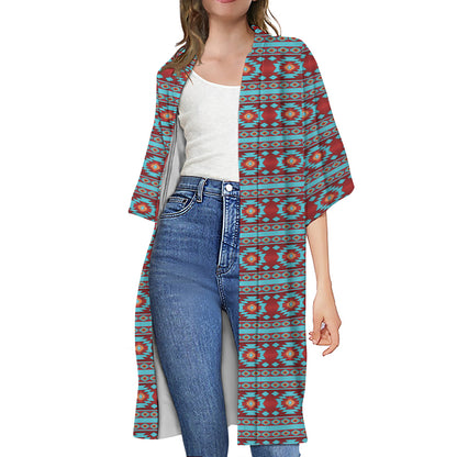 Red And Teal Southwestern Pattern Print Open Front Beach Cover Up
