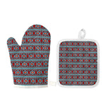 Red And Teal Southwestern Pattern Print Oven Mitt And Pot Holder Set