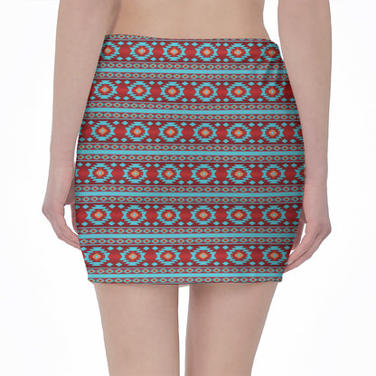 Red And Teal Southwestern Pattern Print Pencil Mini Skirt