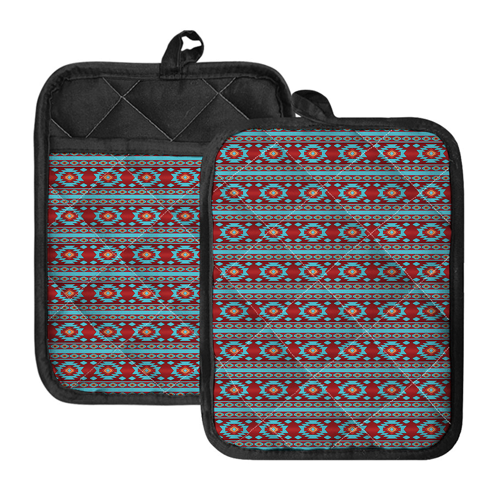 Red And Teal Southwestern Pattern Print Pot Holders With Pocket