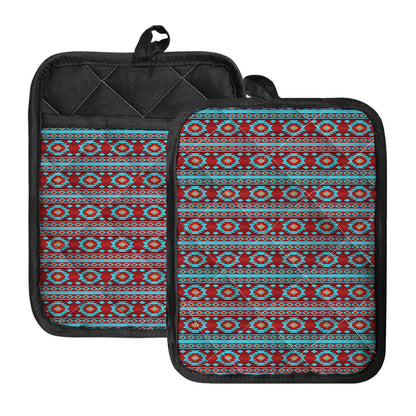 Red And Teal Southwestern Pattern Print Pot Holders With Pocket