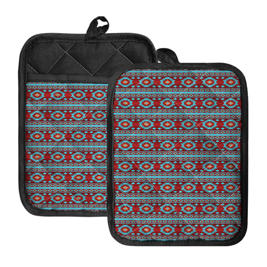 Red And Teal Southwestern Pattern Print Pot Holders With Pocket