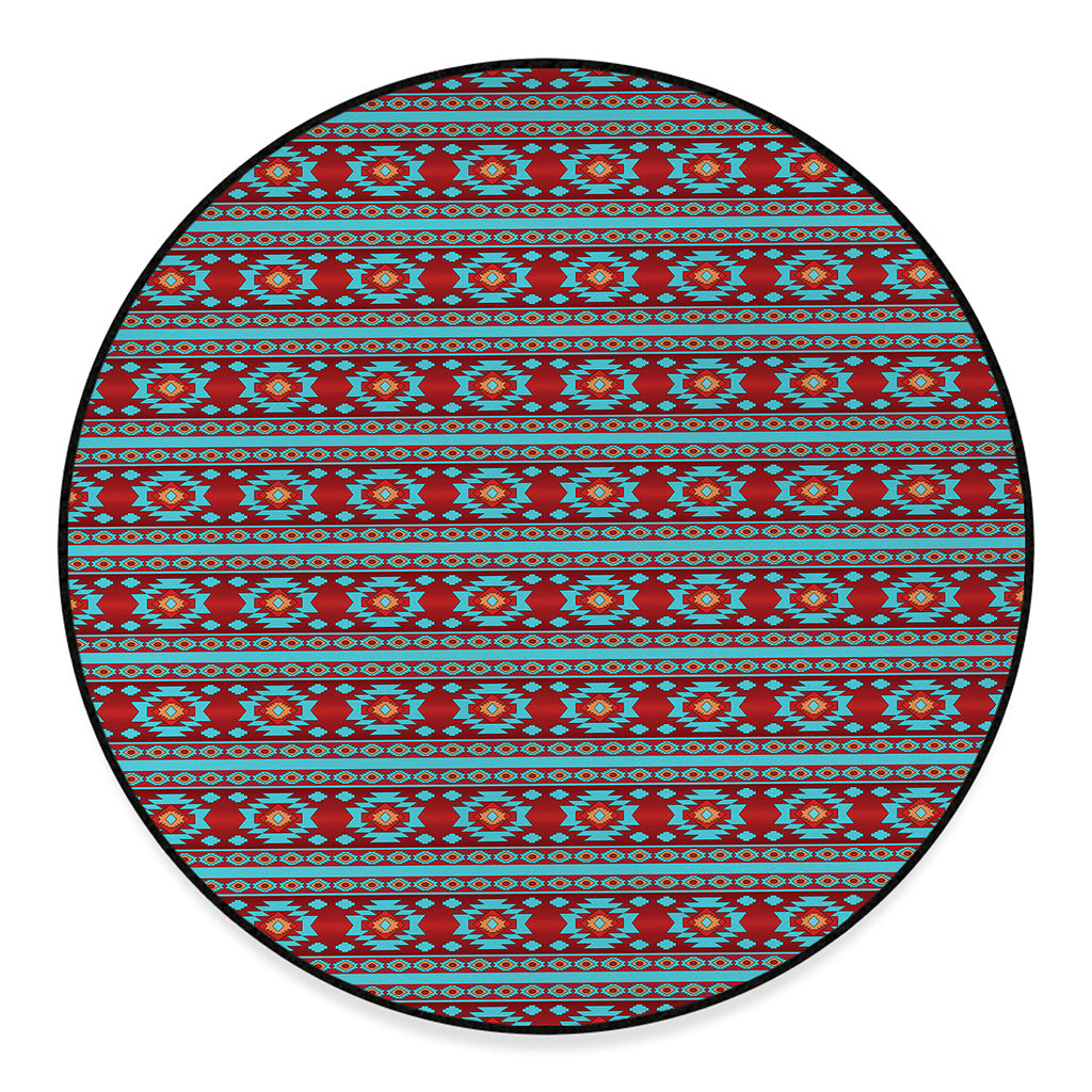 Red And Teal Southwestern Pattern Print Round Floor Mat