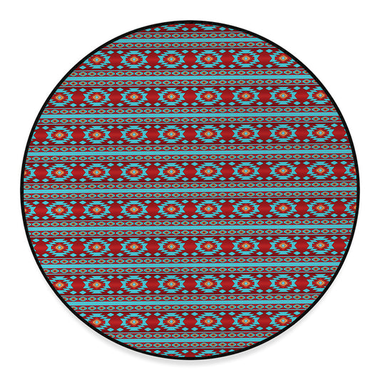 Red And Teal Southwestern Pattern Print Round Floor Mat