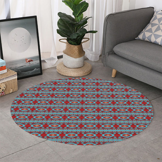 Red And Teal Southwestern Pattern Print Round Rug