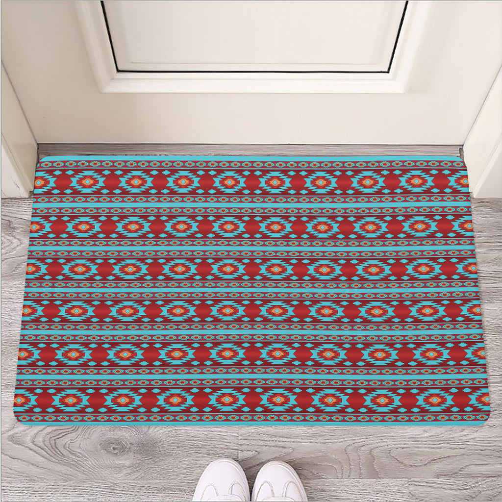 Red And Teal Southwestern Pattern Print Rubber Doormat