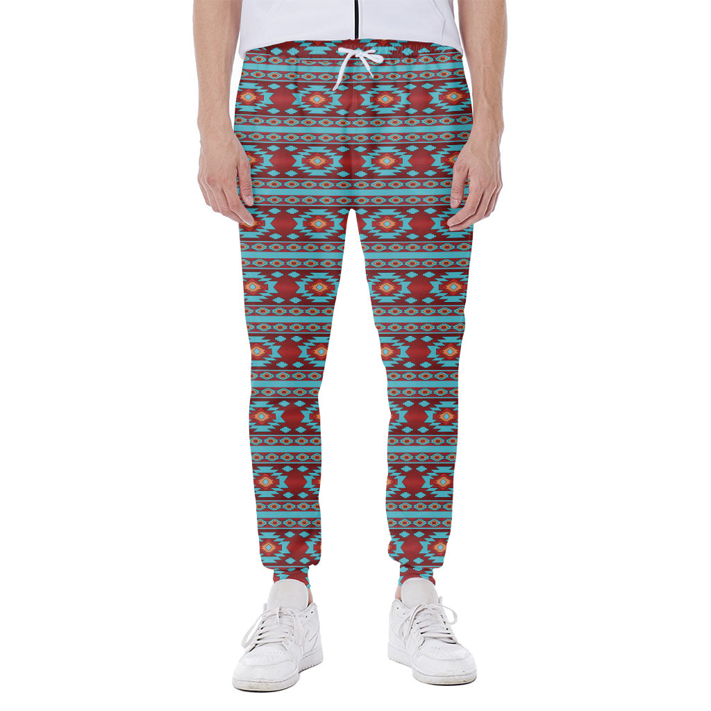 Red And Teal Southwestern Pattern Print Scuba Joggers