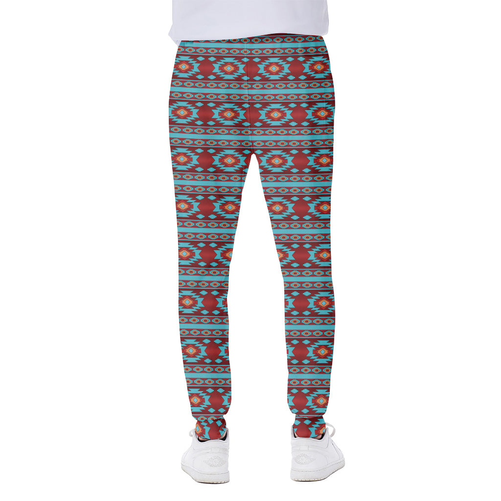 Red And Teal Southwestern Pattern Print Scuba Joggers