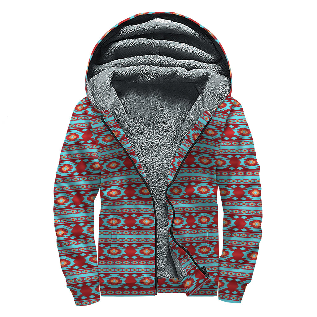 Red And Teal Southwestern Pattern Print Sherpa Lined Zip Up Hoodie
