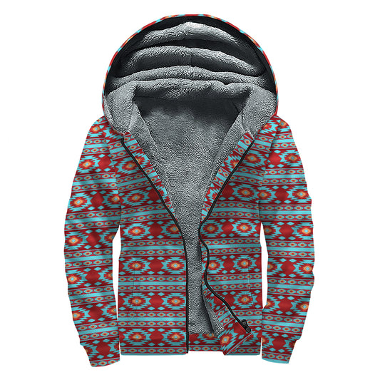 Red And Teal Southwestern Pattern Print Sherpa Lined Zip Up Hoodie