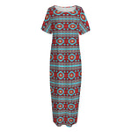 Red And Teal Southwestern Pattern Print Short Sleeve Long Nightdress
