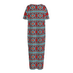 Red And Teal Southwestern Pattern Print Short Sleeve Long Nightdress