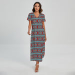 Red And Teal Southwestern Pattern Print Short Sleeve Maxi Dress