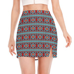 Red And Teal Southwestern Pattern Print Side Slit Mini Skirt