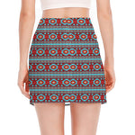 Red And Teal Southwestern Pattern Print Side Slit Mini Skirt
